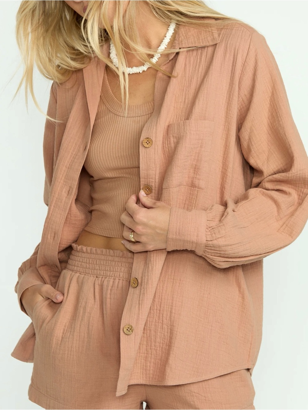 Cozy Mauve-Pink Button-Up Gauze Shirt